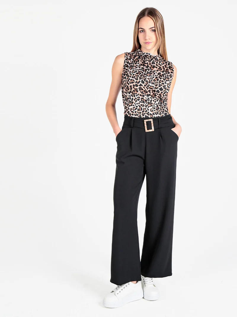 Pantaloni donna a palazzo con cintura - nero