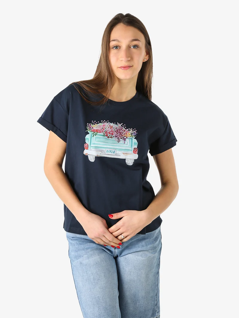 T-shirt girocollo da donna in cotone con stampa e strass - blu scuro
