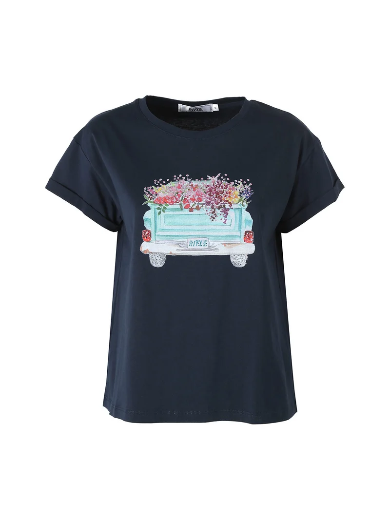 T-shirt girocollo da donna in cotone con stampa e strass - blu scuro