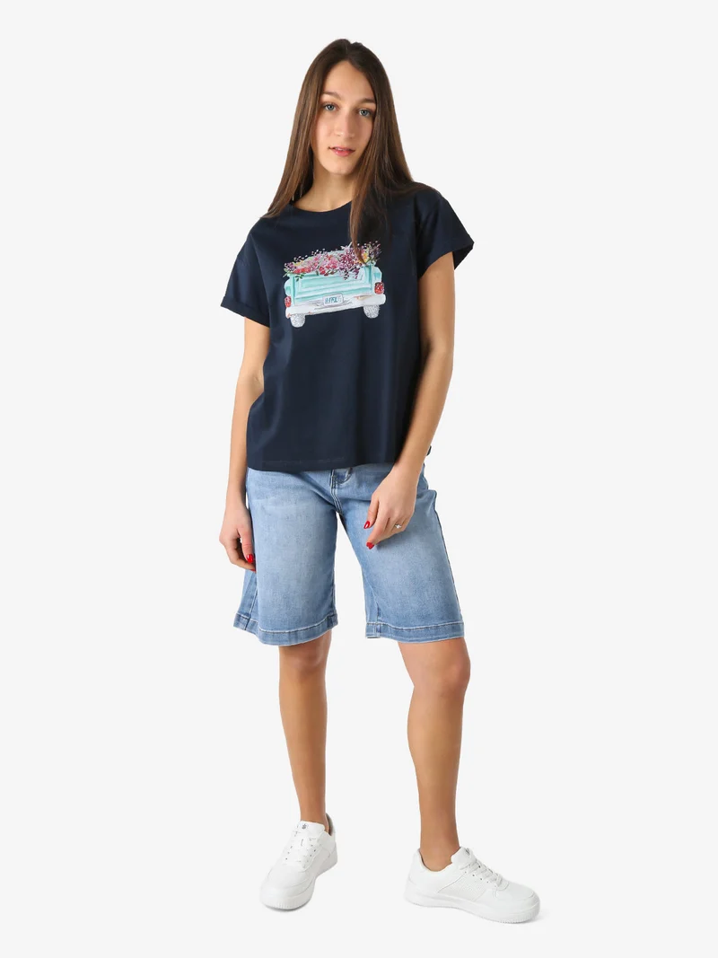 T-shirt girocollo da donna in cotone con stampa e strass - blu scuro