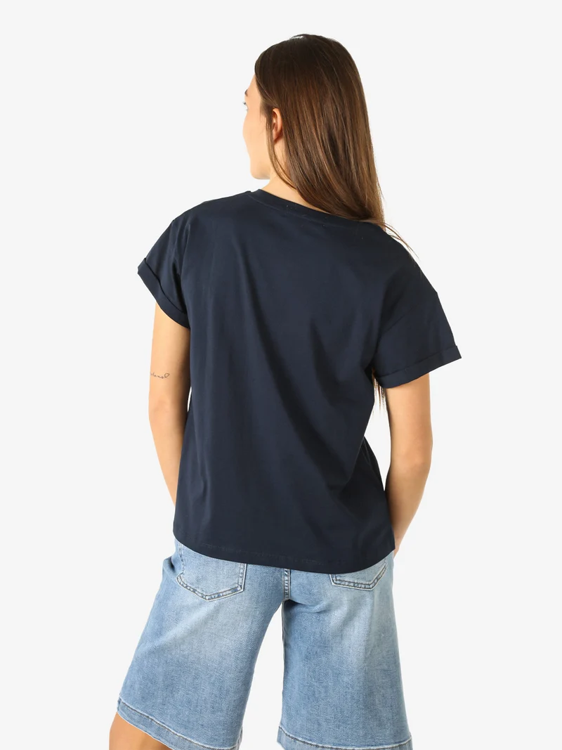 T-shirt girocollo da donna in cotone con stampa e strass - blu scuro