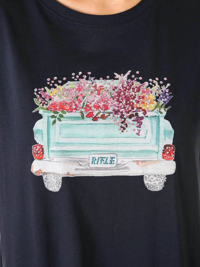 T-shirt girocollo da donna in cotone con stampa e strass - blu scuro