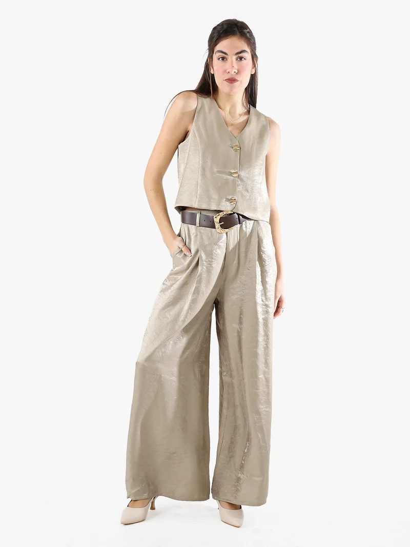 Pantaloni donna leggeri a palazzo in tessuto cangiante - khaki