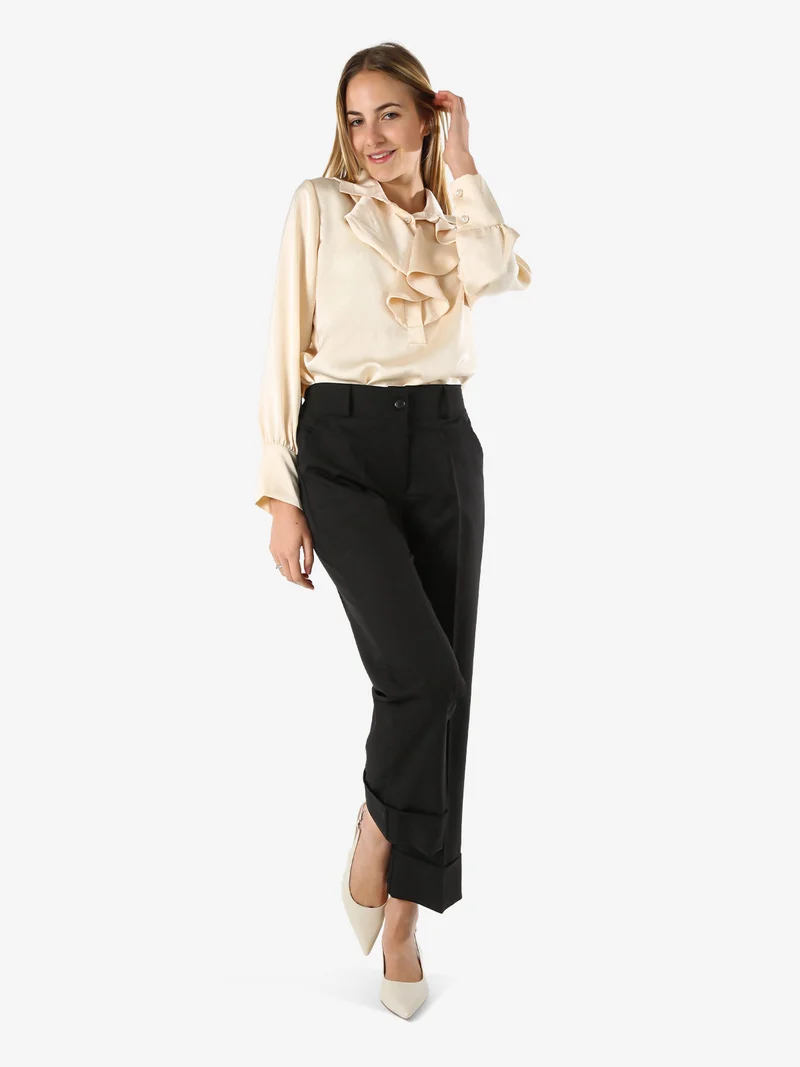 Pantaloni donna a gamba larga con ampio risvolto sul finale - nero