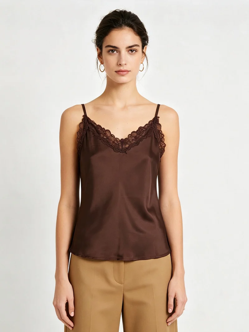Top donna effetto raso con scollo in pizzo e spalline strette - moro