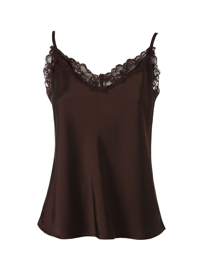 Top donna effetto raso con scollo in pizzo e spalline strette - moro