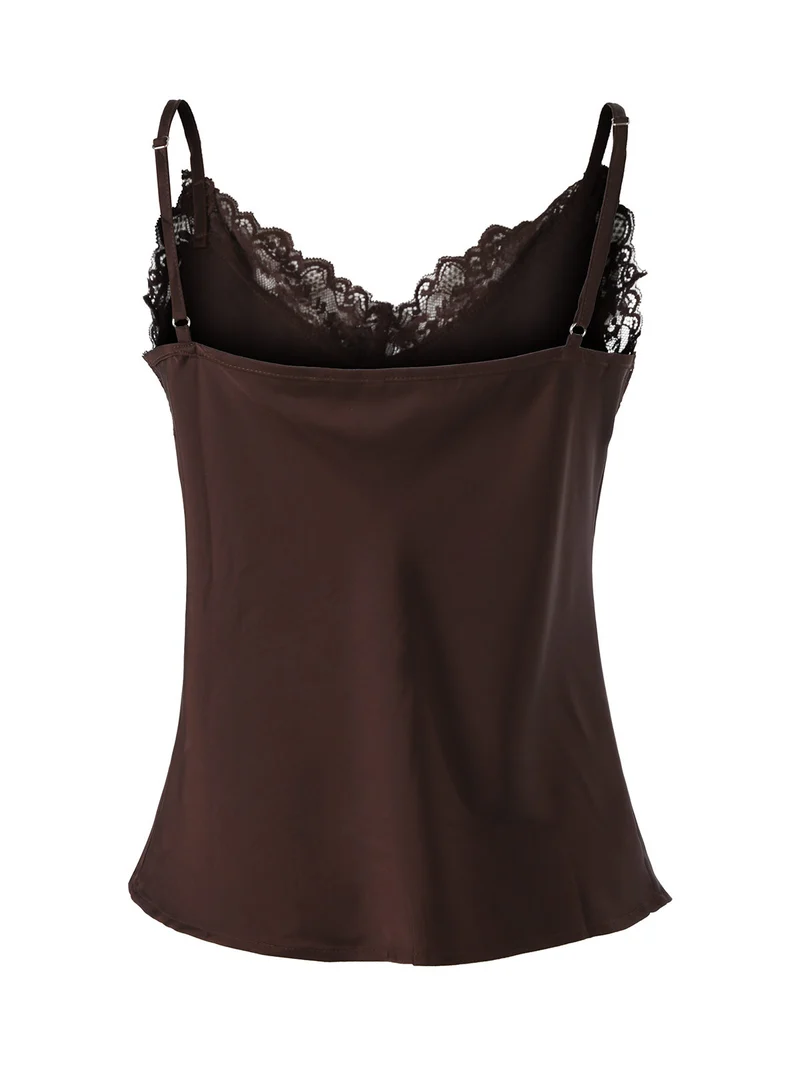 Top donna effetto raso con scollo in pizzo e spalline strette - moro