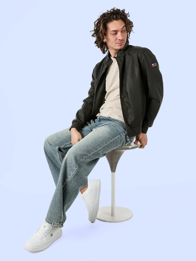 Giacca in ecopelle da uomo con zip - moro