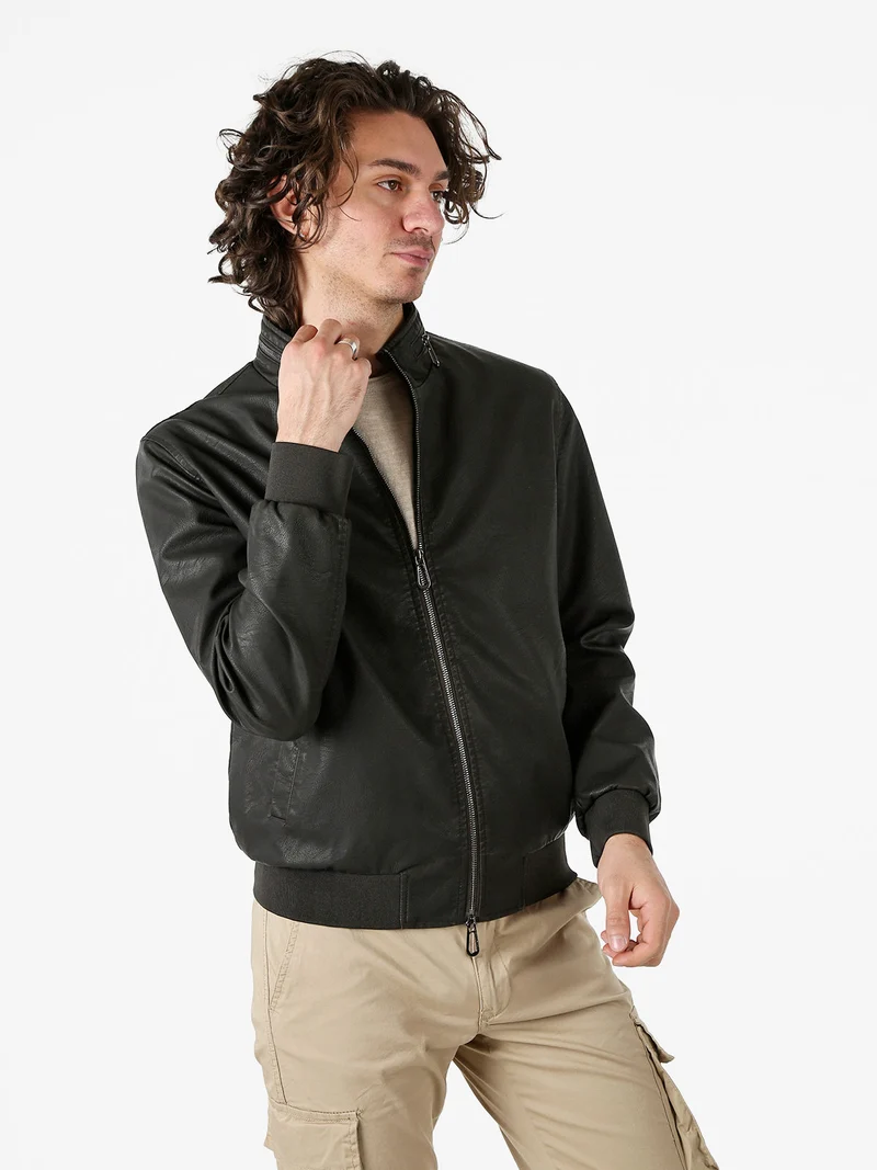 Giacca in ecopelle da uomo con zip - moro