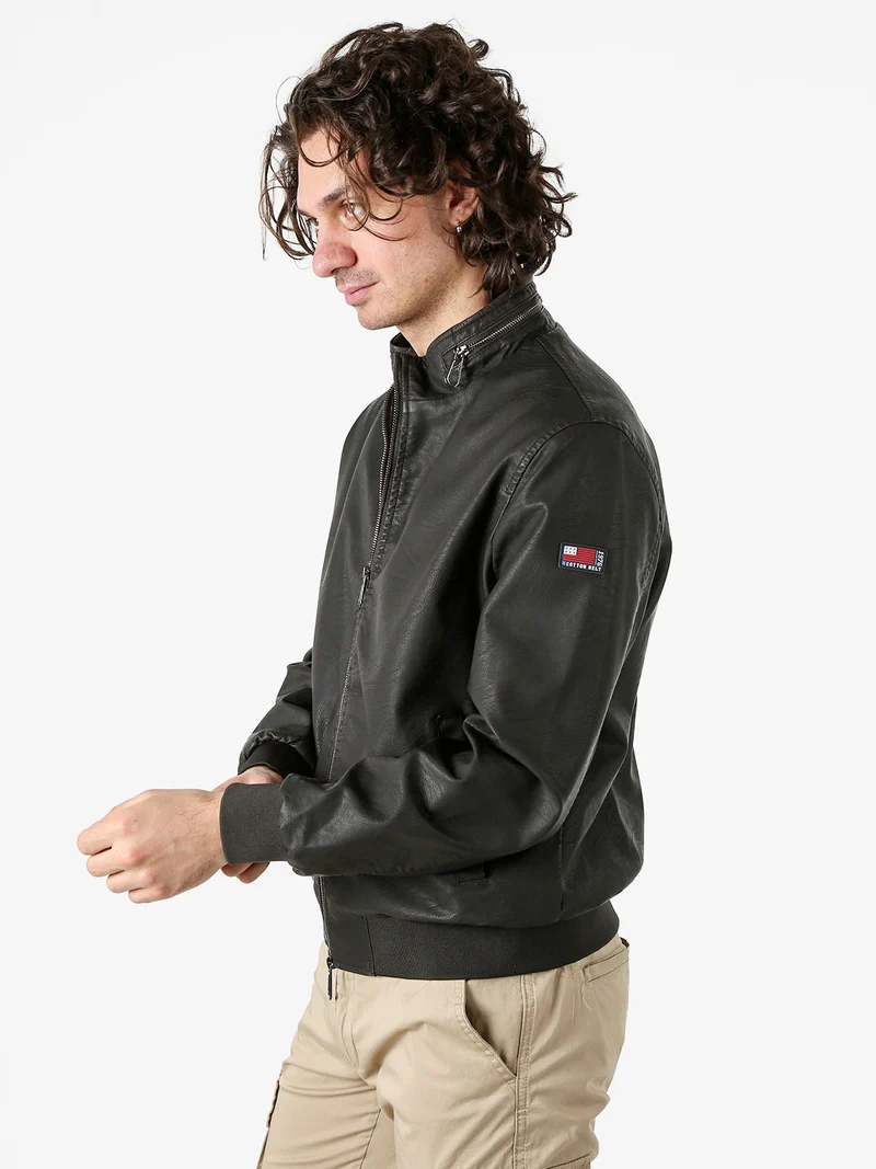 Giacca in ecopelle da uomo con zip - moro