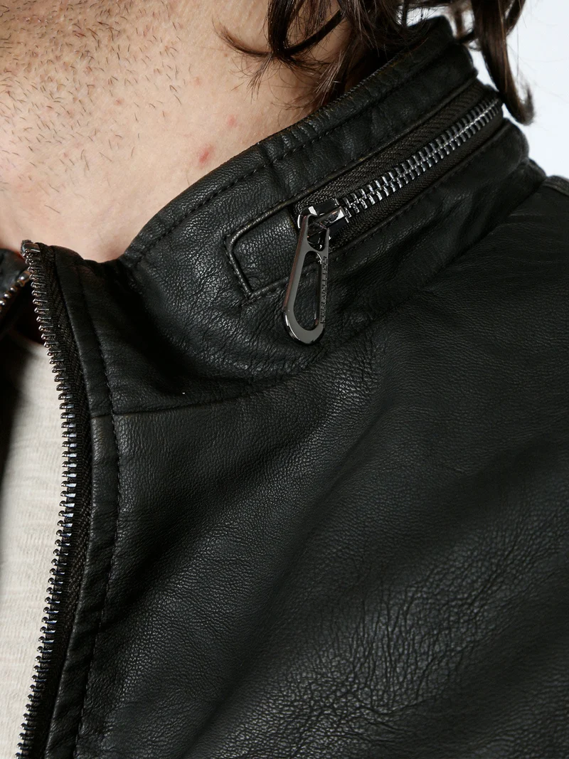 Giacca in ecopelle da uomo con zip - moro