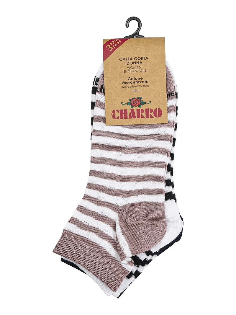 Confezione da 3 paia di calze corte rigate da donna in cotone - rosa