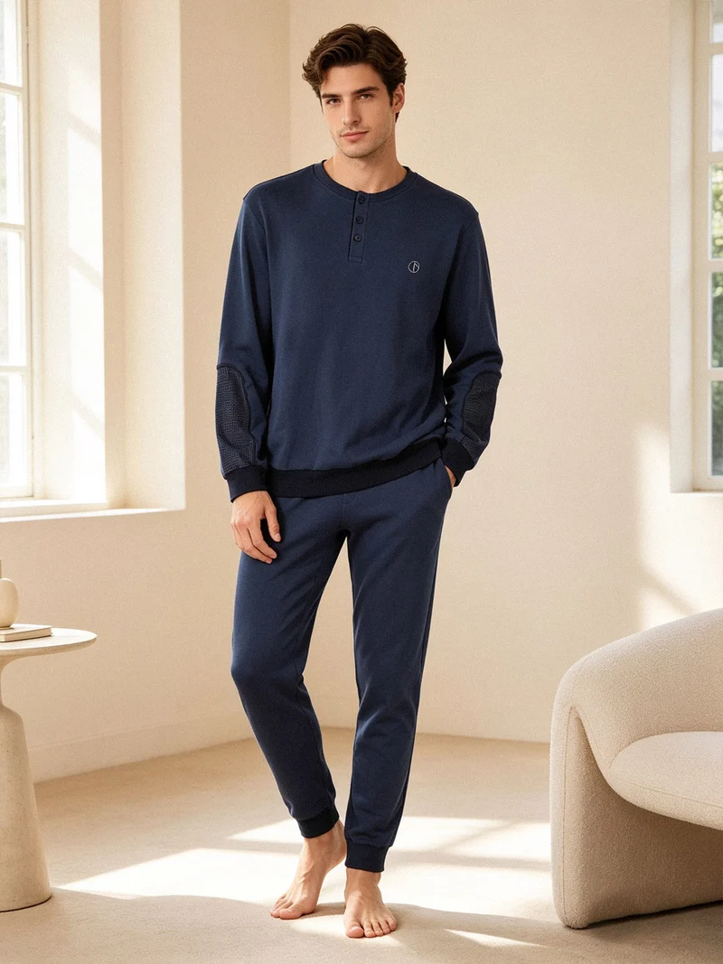 Pigiama da uomo in cotone interlock tinta unita - blu
