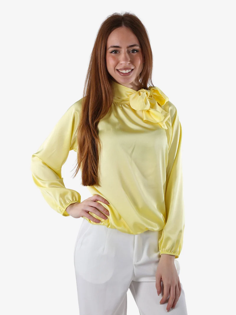 Blusa donna in tessuto simil raso a maniche lunghe - giallo