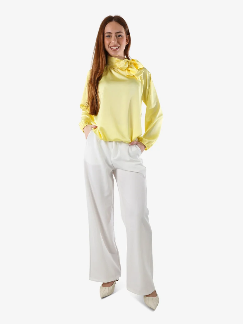 Blusa donna in tessuto simil raso a maniche lunghe - giallo
