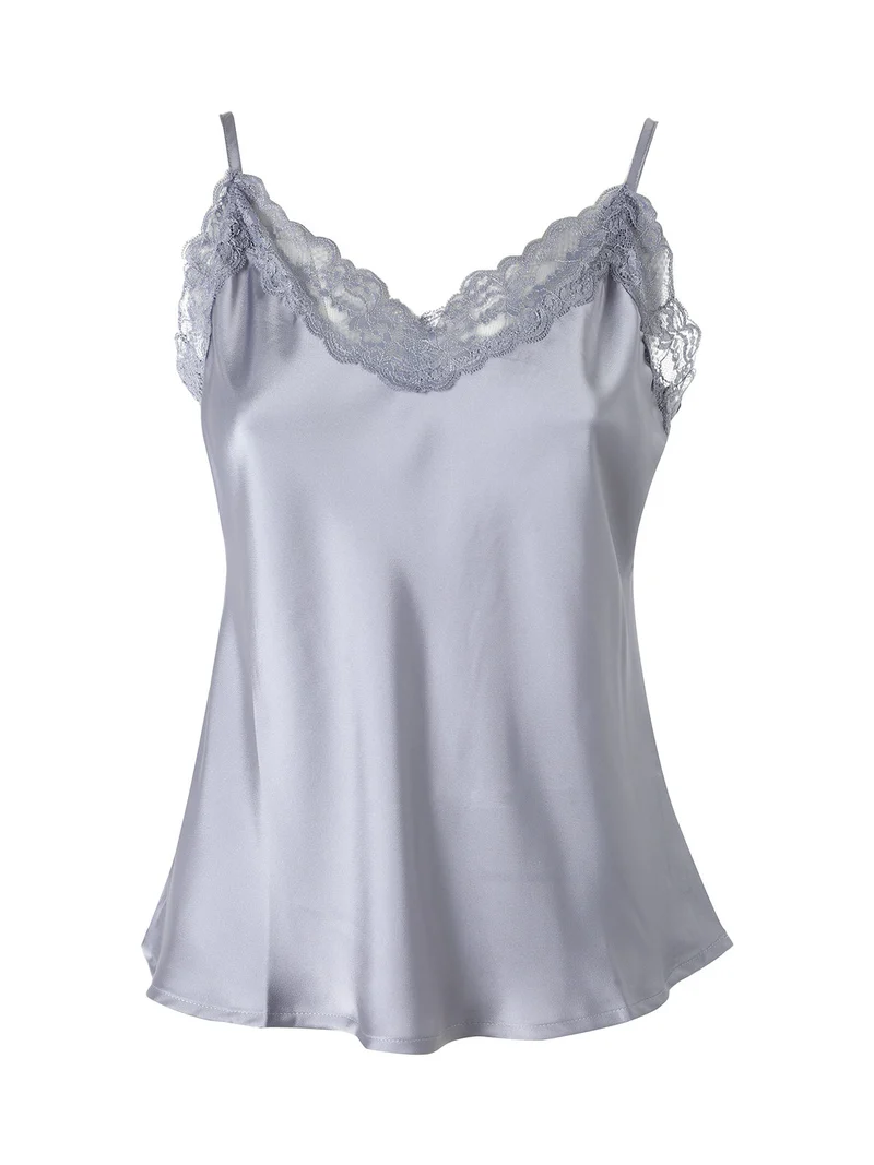 Top donna effetto raso con scollo in pizzo e spalline strette - grigio