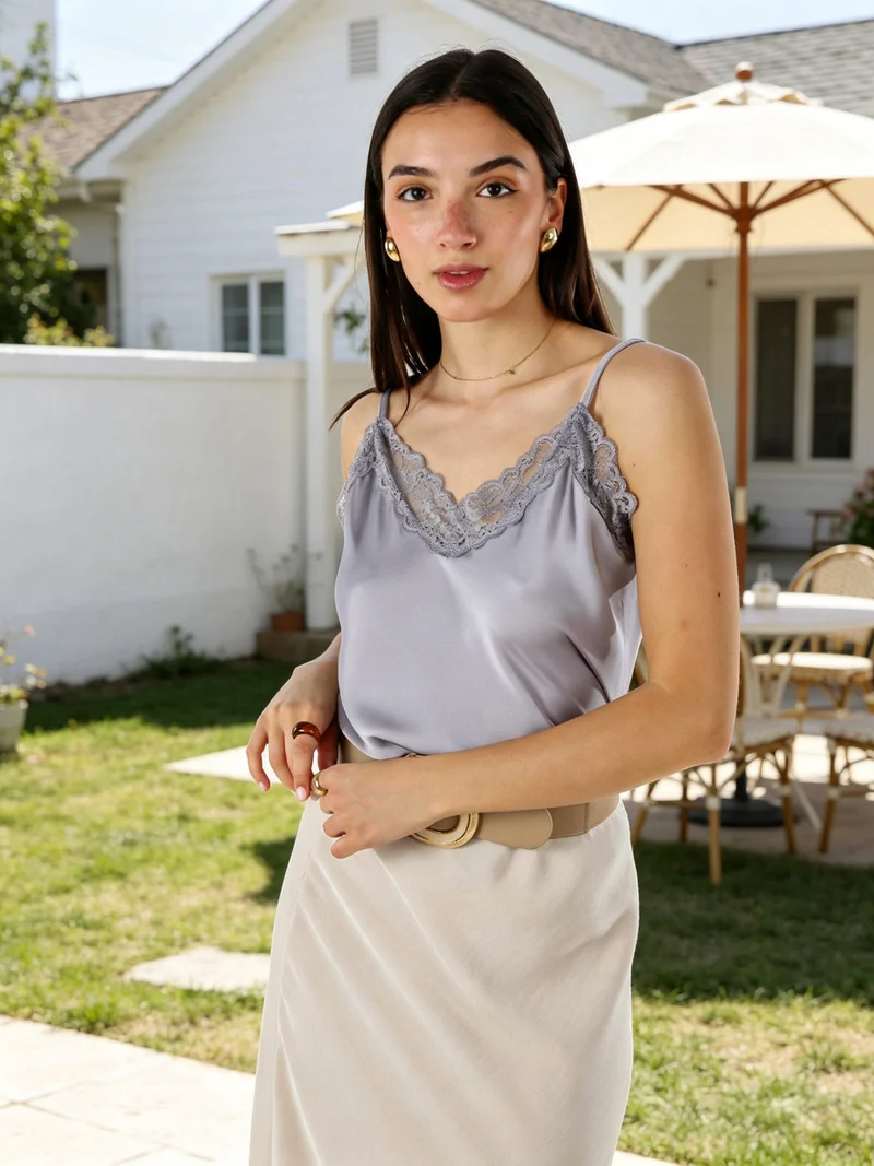 Top donna effetto raso con scollo in pizzo e spalline strette - grigio