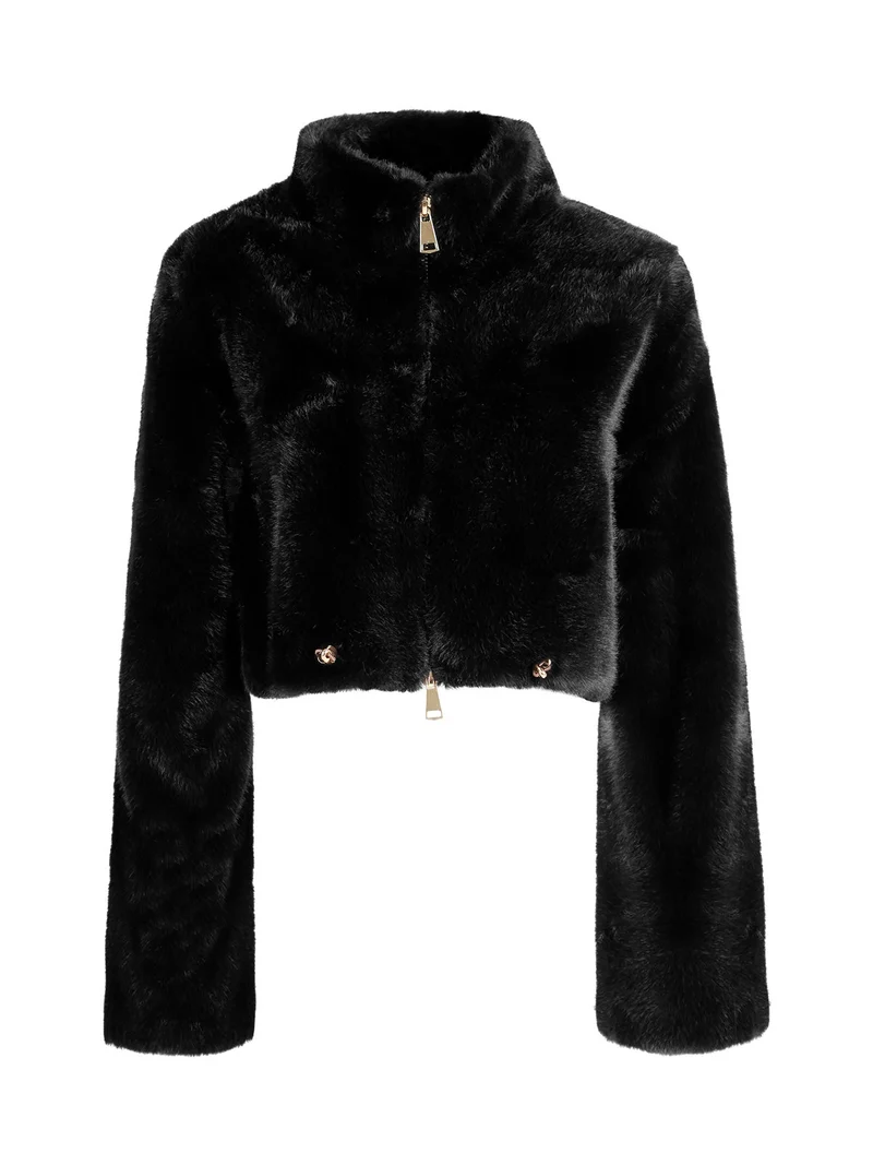 Giacca donna cropped in pelliccia sintetica con coulisse - nero