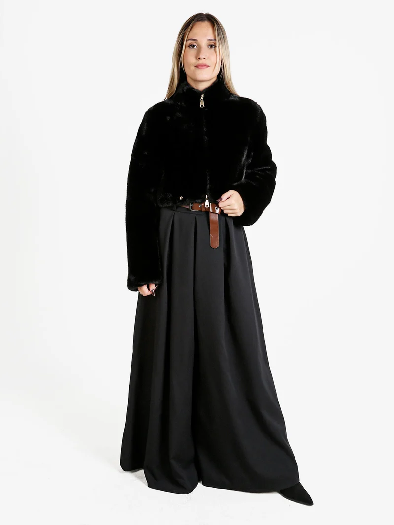 Giacca donna cropped in pelliccia sintetica con coulisse - nero