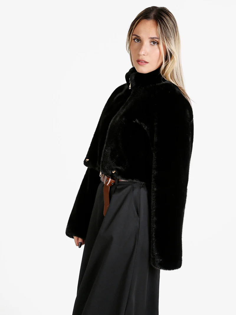 Giacca donna cropped in pelliccia sintetica con coulisse - nero