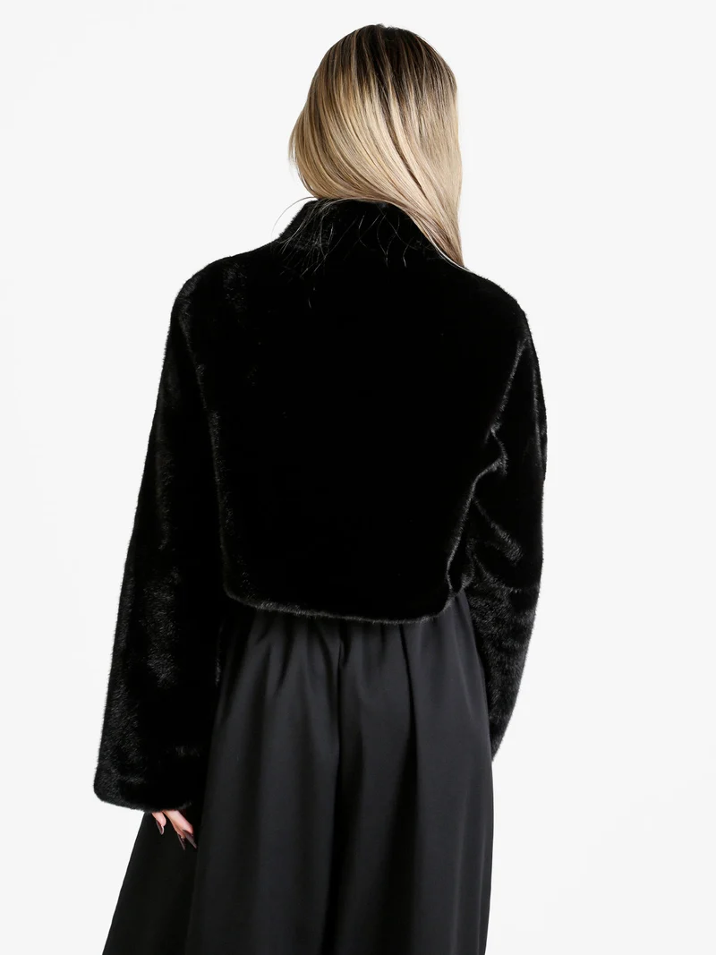Giacca donna cropped in pelliccia sintetica con coulisse - nero