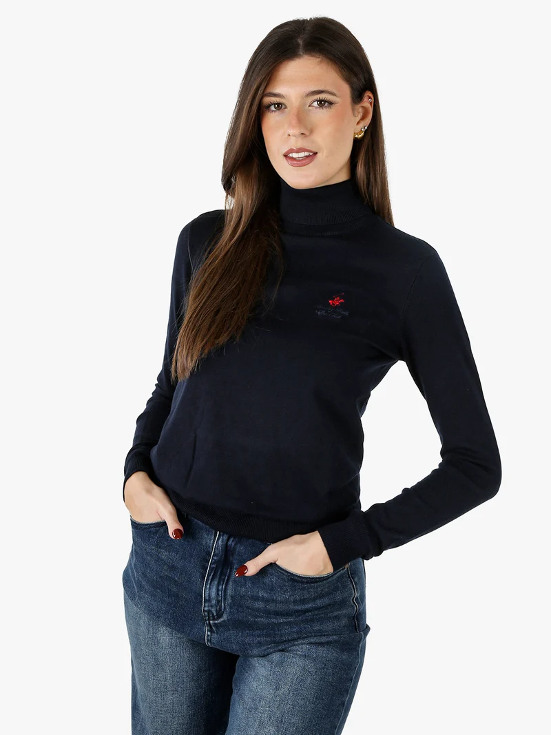 Pullover dolcevita da donna in maglia tinta unita - blu scuro