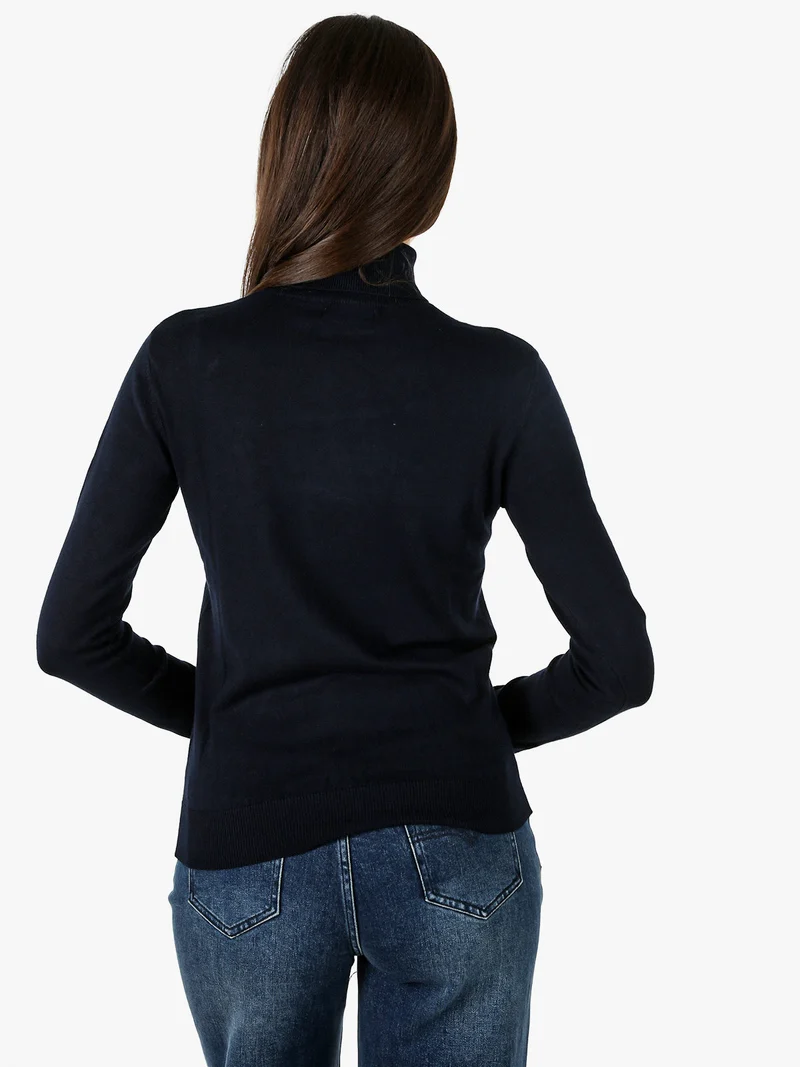 Pullover dolcevita da donna in maglia tinta unita - blu scuro