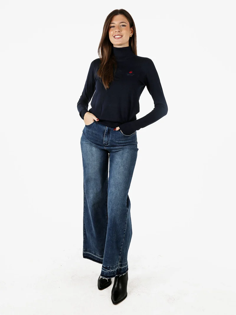 Pullover dolcevita da donna in maglia tinta unita - blu scuro