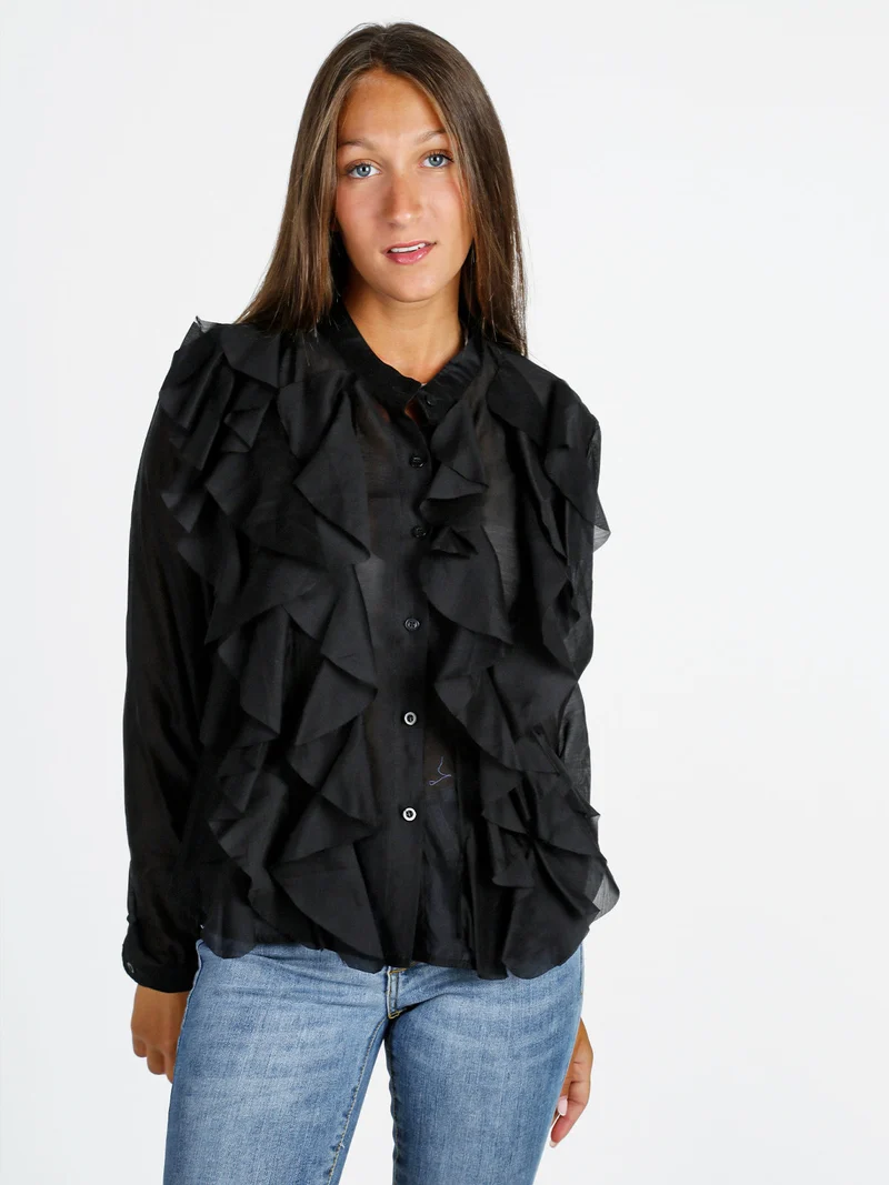 Camicia donna maniche lunghe con volant - nero