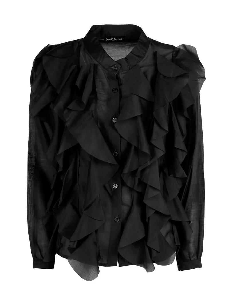 Camicia donna maniche lunghe con volant - nero