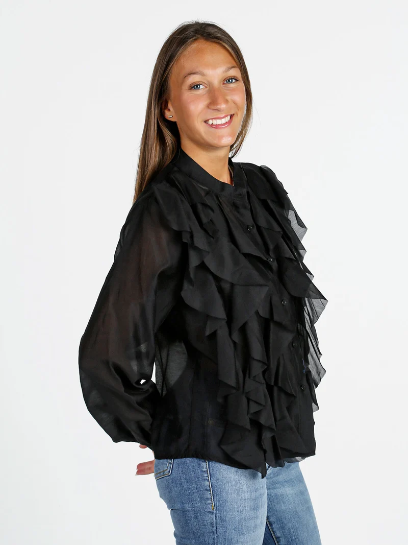 Camicia donna maniche lunghe con volant - nero