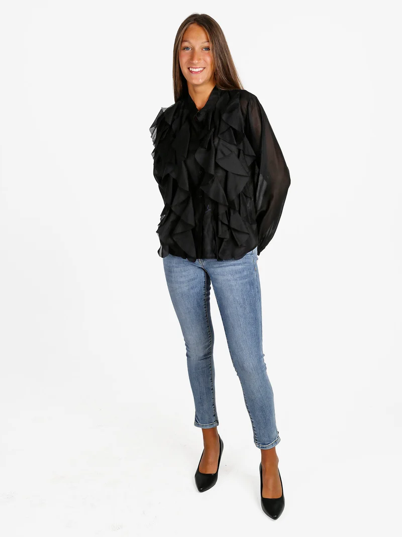 Camicia donna maniche lunghe con volant - nero
