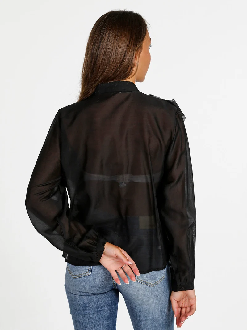 Camicia donna maniche lunghe con volant - nero