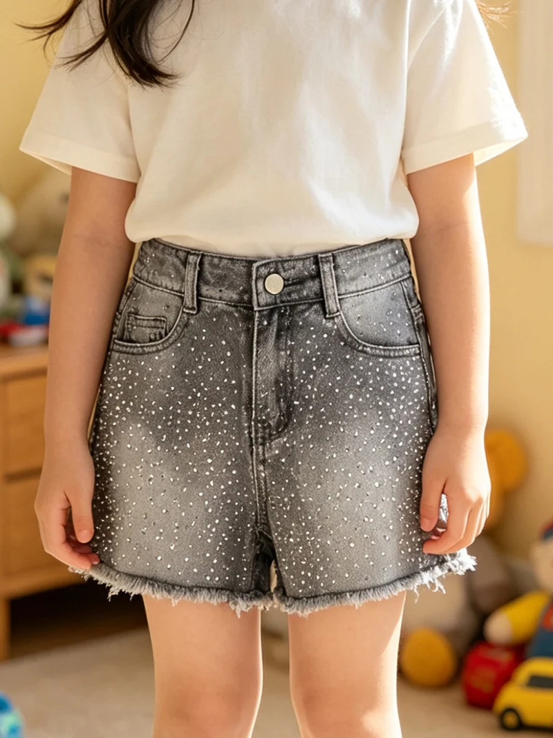 Shorts da ragazza in jeans con micro borchie - nero