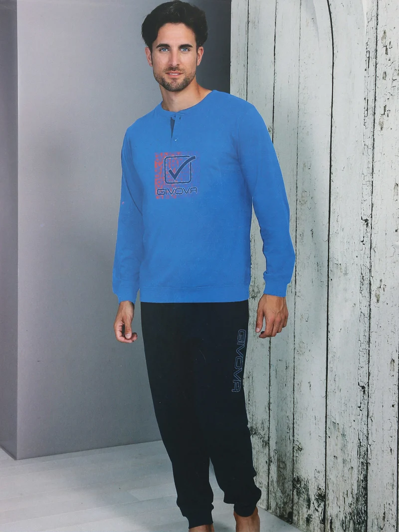 Pigiama lungo da uomo in misto cotone - blu