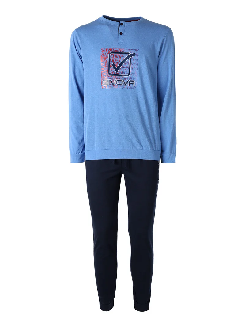 Pigiama lungo da uomo in misto cotone - blu