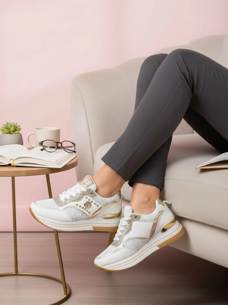 Sneakers donna glitter con platform - bianco