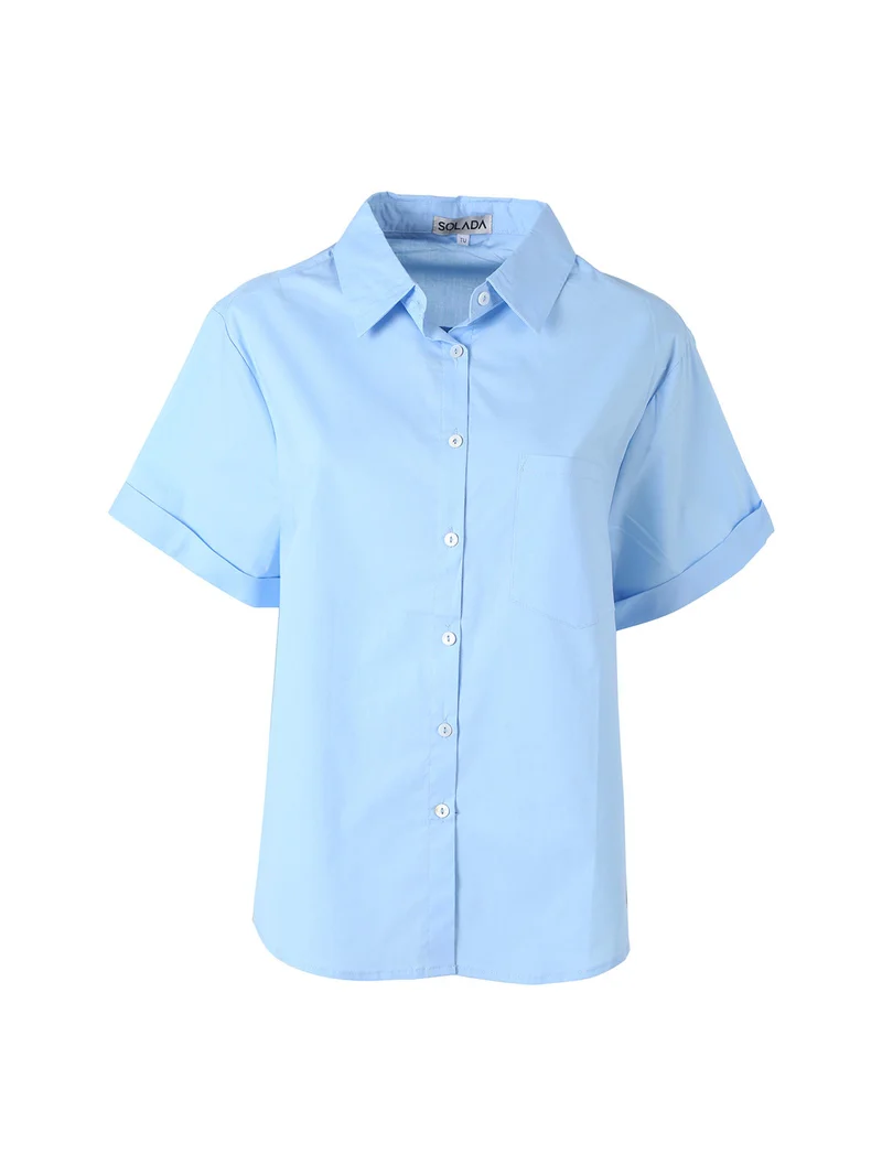 Camicia donna oversize a maniche corte con taschino - azzurro