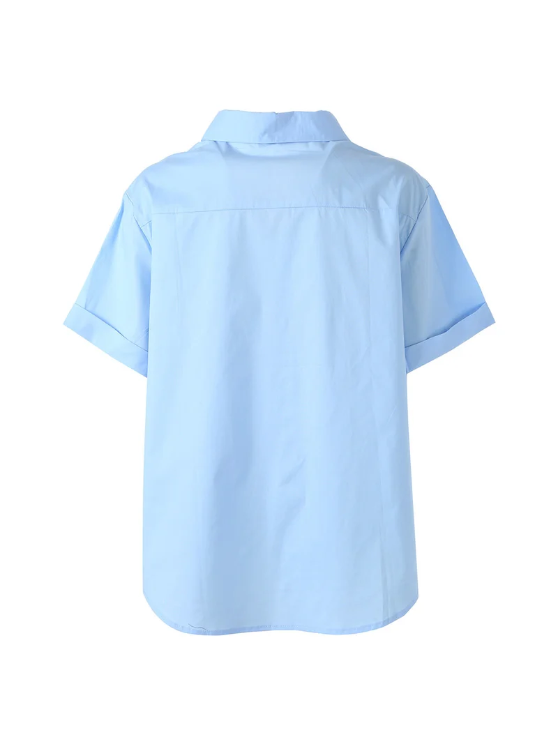 Camicia donna oversize a maniche corte con taschino - azzurro