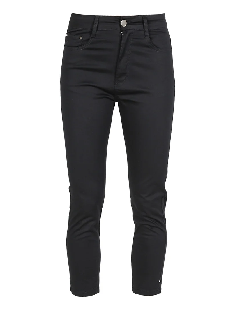 Pantaloni capri donna in cotone con piccolo spacco e strass sul finale - nero