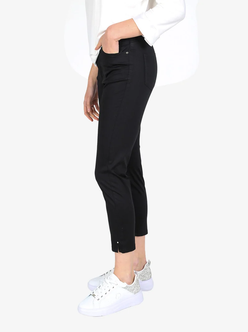Pantaloni capri donna in cotone con piccolo spacco e strass sul finale - nero