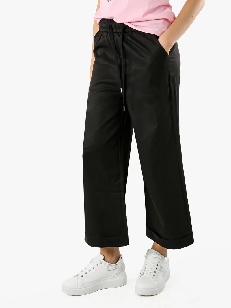 Pantaloni donna a palazzo con risvolto - nero