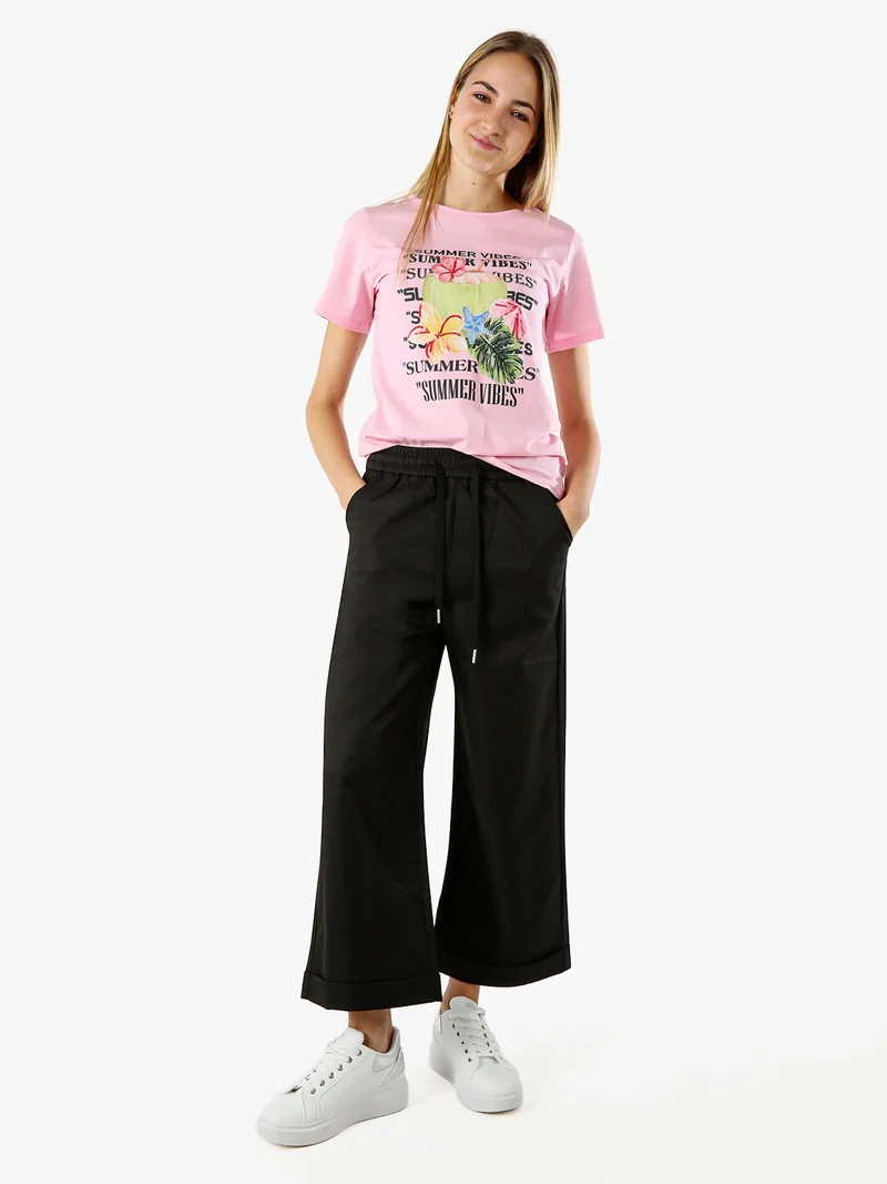 Pantaloni donna a palazzo con risvolto - nero