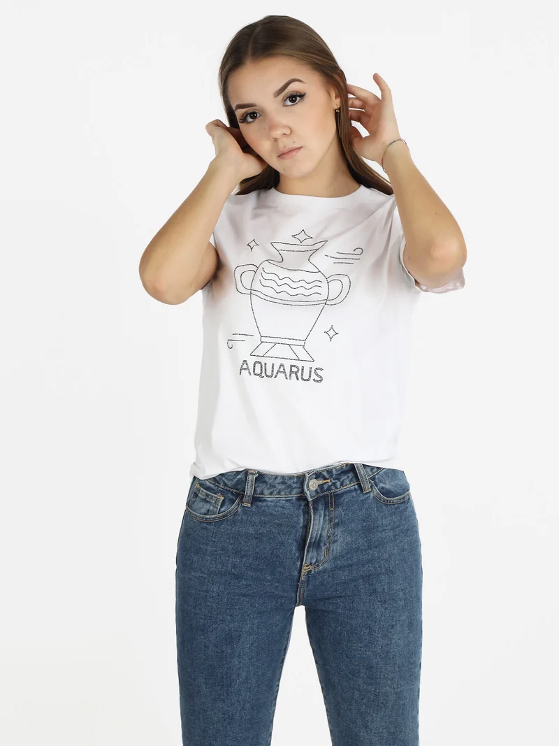 T-shirt manica corta donna segno zodiacale Acquario - bianco