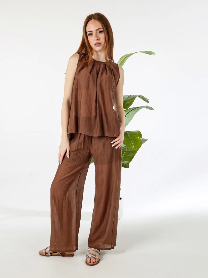 Pantaloni donna leggeri a gamba larga - marrone