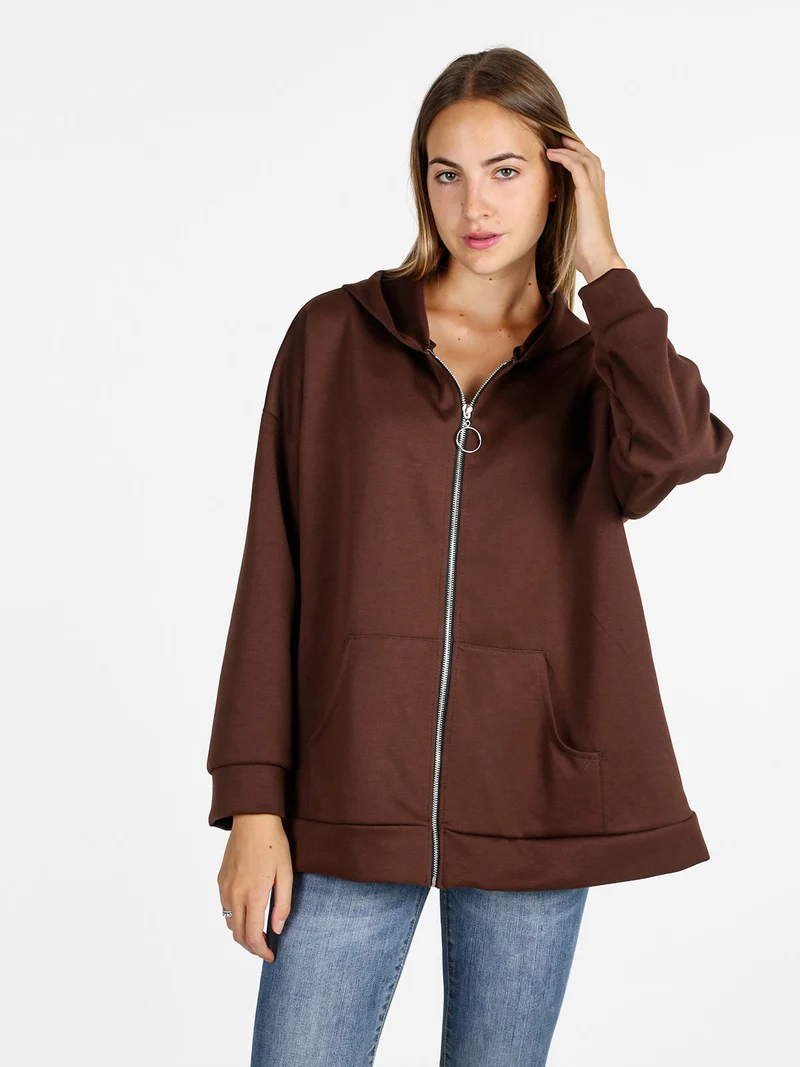 Felpa donna oversize con cappuccio e zip - moro
