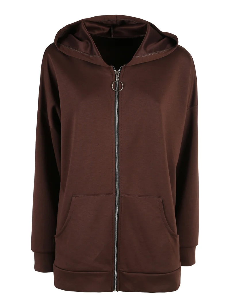 Felpa donna oversize con cappuccio e zip - moro