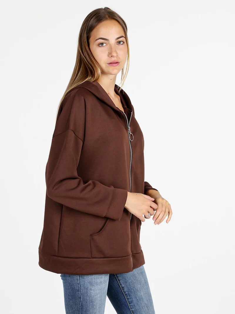 Felpa donna oversize con cappuccio e zip - moro