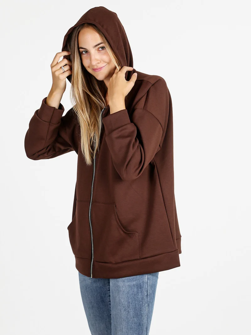 Felpa donna oversize con cappuccio e zip - moro