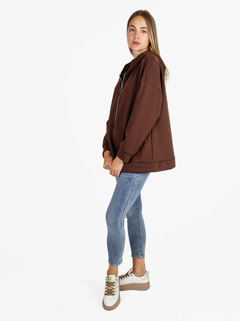 Felpa donna oversize con cappuccio e zip - moro